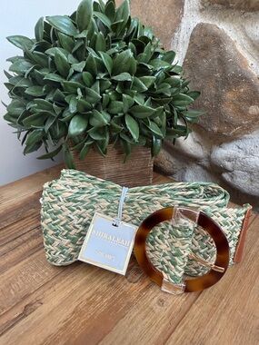 NWT Shiraleah Braided Straw Belt with Tortoiseshell Ring - Green/Natural